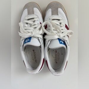 Adidas White Sneakers with Red and Blue Accents